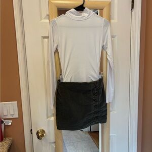 White Turtleneck Bodysuit & Forever 21 Olive Green Lace-Up Mini Skirt Set
